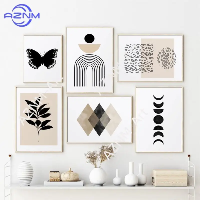 Schwarz-Beige Abstrakte Kunstwerke Mid-Century Poster Moderne Wandkunst Neutrale Galerie Geometrische Leinwandmalerei Raumwandbild Heimdekoration