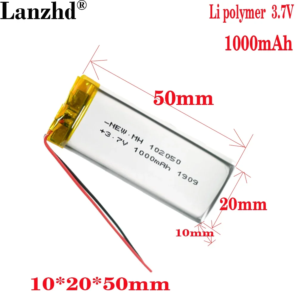 1-10pcs 3.7V Lipo cells 102050 1000mah Lithium Polymer Rechargeable Battery For Wireless mouse fanRecording pen LED light