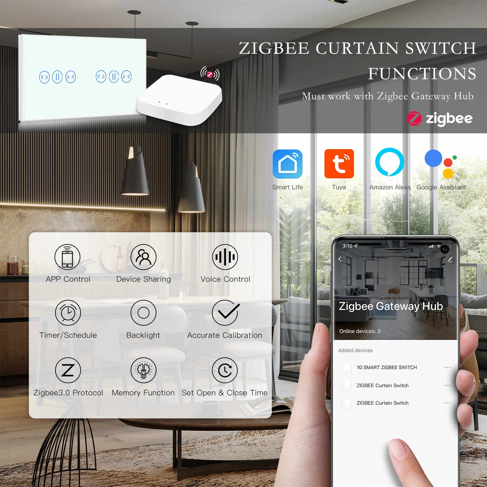 BSEED Zigbee Double Wifi Curtains Switch Smart Curtain Switch Electric Motor Tuya Smart Life Google Alexa APP Wireless Control