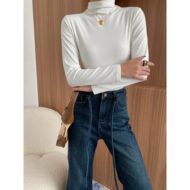 قميص نسائي علوي صديق للبشرة ناعم وناعم ورقبة شبه عالية مقاس نحيف ومتعدد الاستخدامات