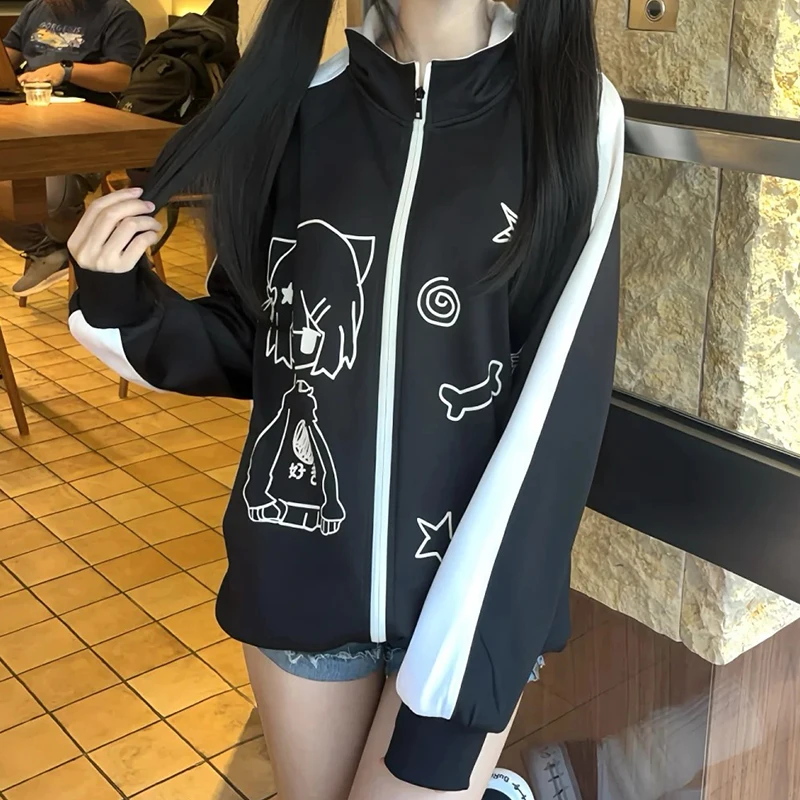 Y2k Subculture Japanese stitch Hoodie Aesthetic Black Kawaii Cool Sweet Harajuku Coat Woman Autumn New Casual Pink Sweatshirts