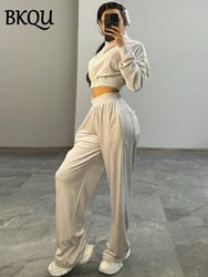 BKQU Casual Velvet Pants Two Piece Sets Women Autumn Winter Long Sleeve Zipper Sweatshirt Jacket Wide Leg Pants Matching Sets