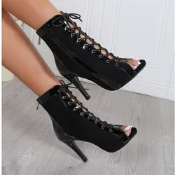 High Quality Women Black Heels Lace-up Boots Stilettos Jazz Dance Outdoor Sexy Booties