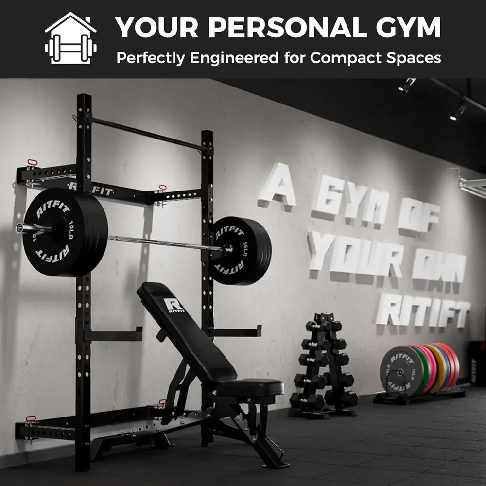 Compact Wall-Mounted Squat Rack for Home Gym with Space-Saving Design and Attachments