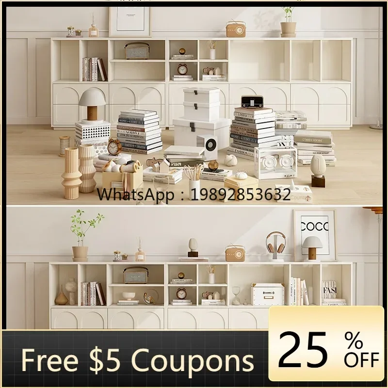 

GZ Solid Wood Bookcase Display Cabinet Wall Narrow Cream Style Bookshelf Sideboard