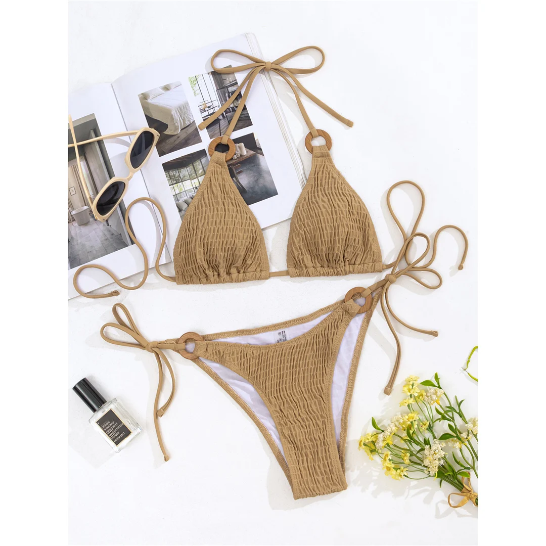 Gefälteltes, gerafftes Neckholder-Bikini-Set für Damen, zweiteiliger Badeanzug, Badebekleidung mit hohem Beinausschnitt, Badeanzug, Schwimmbekleidung V5728 – Detail 11