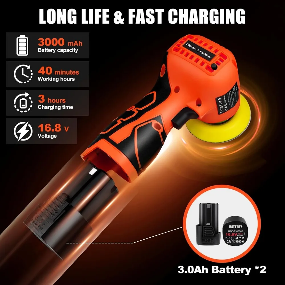 Lijadora de palma inalámbrica de 3" con 2 baterías, pulidora de 3500RPM, 30 accesorios para lijar, pulir, encerado y limpiar