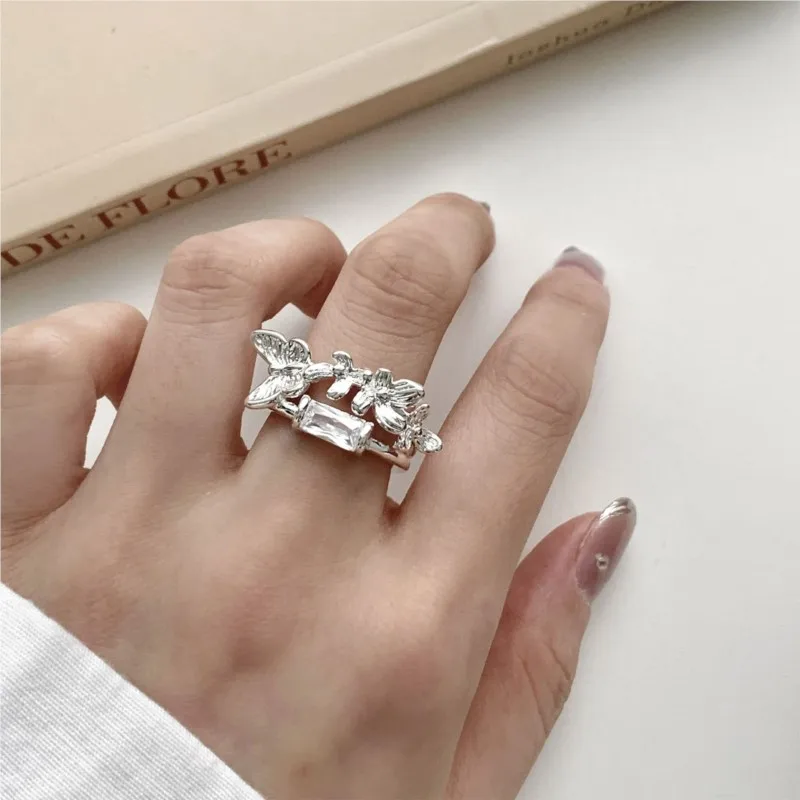 

VENTFILLE 925 Sterling Silver Ring for Women Double Layer Flower Butterfly Crystal Romatic Cute Jewelry Party Gift Dropshipping
