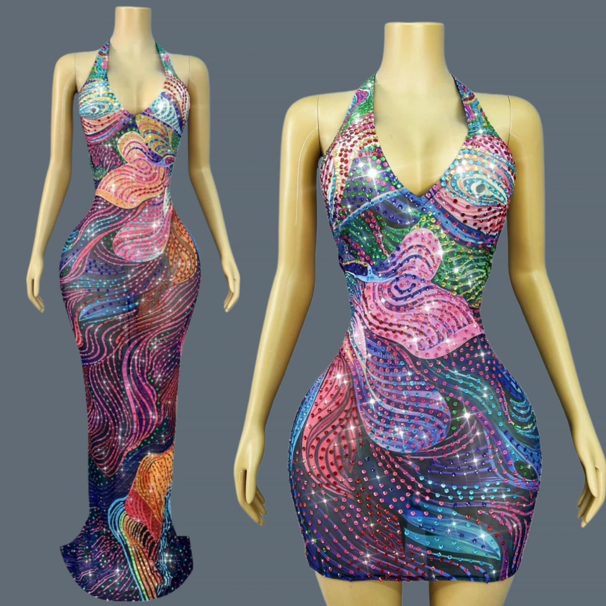 

Sparkly Rhinestone Chic Deep V Neck Cocktail Dress Women Sexy Mesh See Through Birthday Celebrate Evening Gown Caihongjinduan