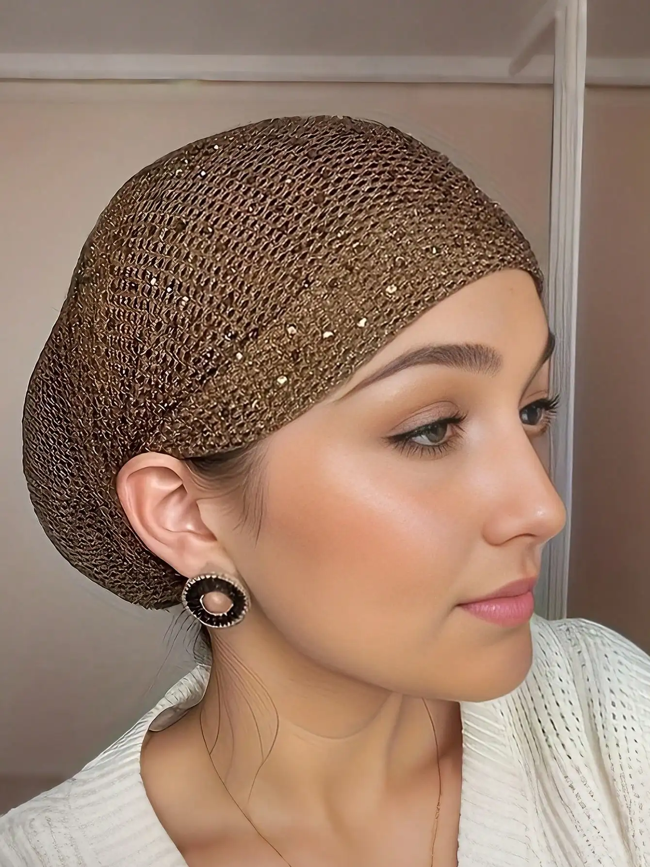 

1pc New Elegant Solid Color Knitted Hollow-Out Rhinestone Decorated Women's Beanie Hat, Stretchy Elastic Rhinestone Headband Cap, Fashionable Graceful Mom Turban Hair Cover Hat For Women Bonnet For Women,Summer,Beach