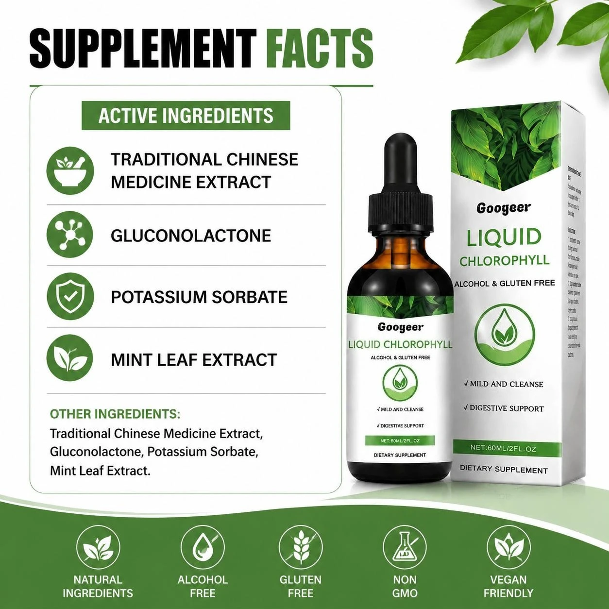 Googeer Liquid Chlorophyll Drops 60ml Digestive Support Gentle Cleanse Energy Metabolism Vitality Immune Support Non-GMO Vegan