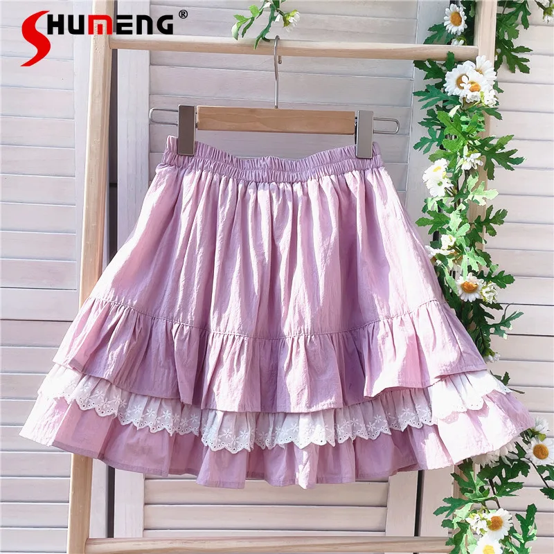 

Sweet Light Pink Short Skirt Female 2024 Spring and Summer New Embroidered Edge Cotton Anti-Exposure A- Line Cake Skirts Ladies