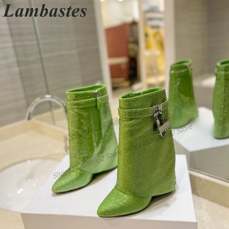 Mid Calf Green Turned-Over Crystal Lock Decor Boots Wedges Heel Women Shoes Side Zipper Round Toe 2023 Sexy Zapatos Para Mujere