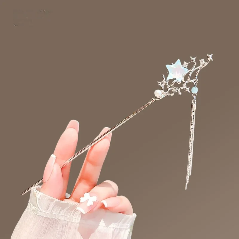 Crystal moonstone star and moon hairpin, ladies' Chinese cross tassel hair clip, round plate hair pick, headwear accessory