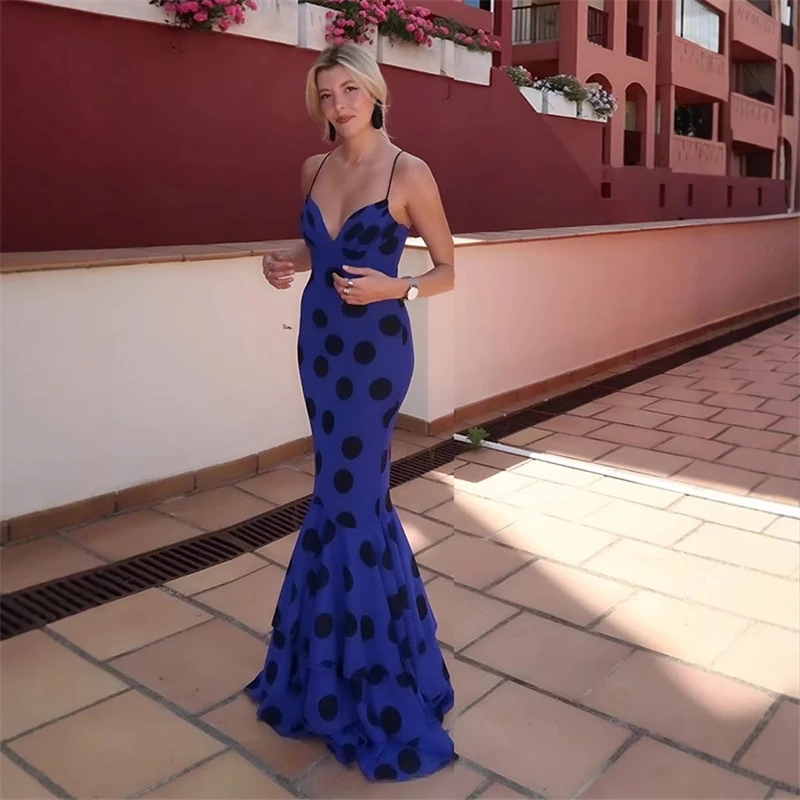 

Chic Blue Polka Dot Ruffle Hem Sling Dress Women's Sexy Backless V-neck Slim Fit Long Dresses 2025 Summer Evening Party Vestidos