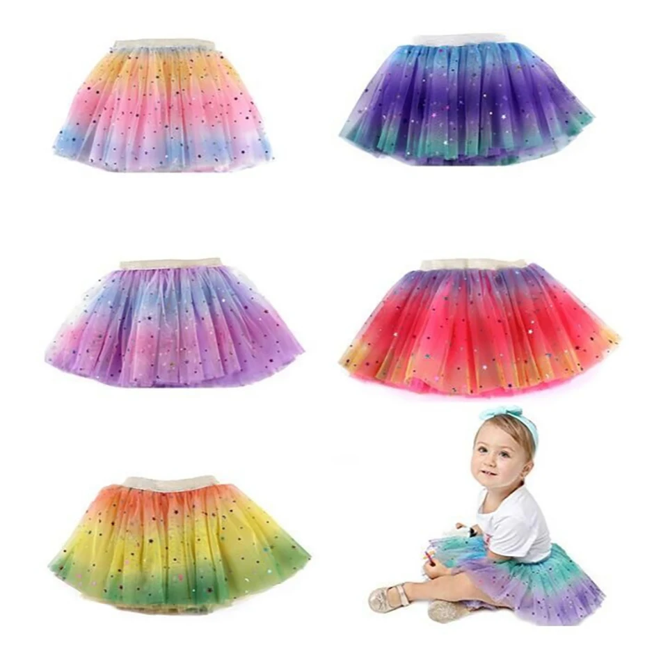 4 Pcs/Set Girl Dance Costume Kids 3 Layers Rainbow Sequins Skirt Wing Crown Stars Wand Children Halloween Birthday Party Clothes