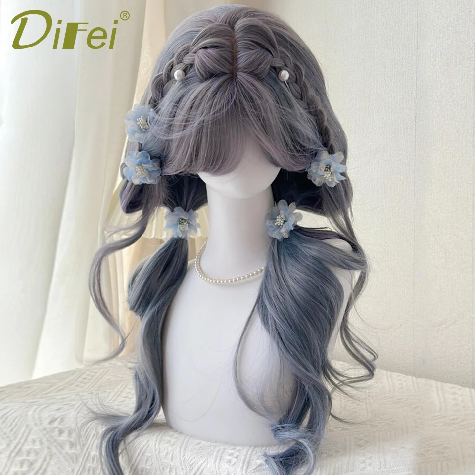 

Gradient Color Synthetic Lolita Wig Long Curly Wig With Bangs Suitable For Women Daily Christmas Halloween Role Playing Wear