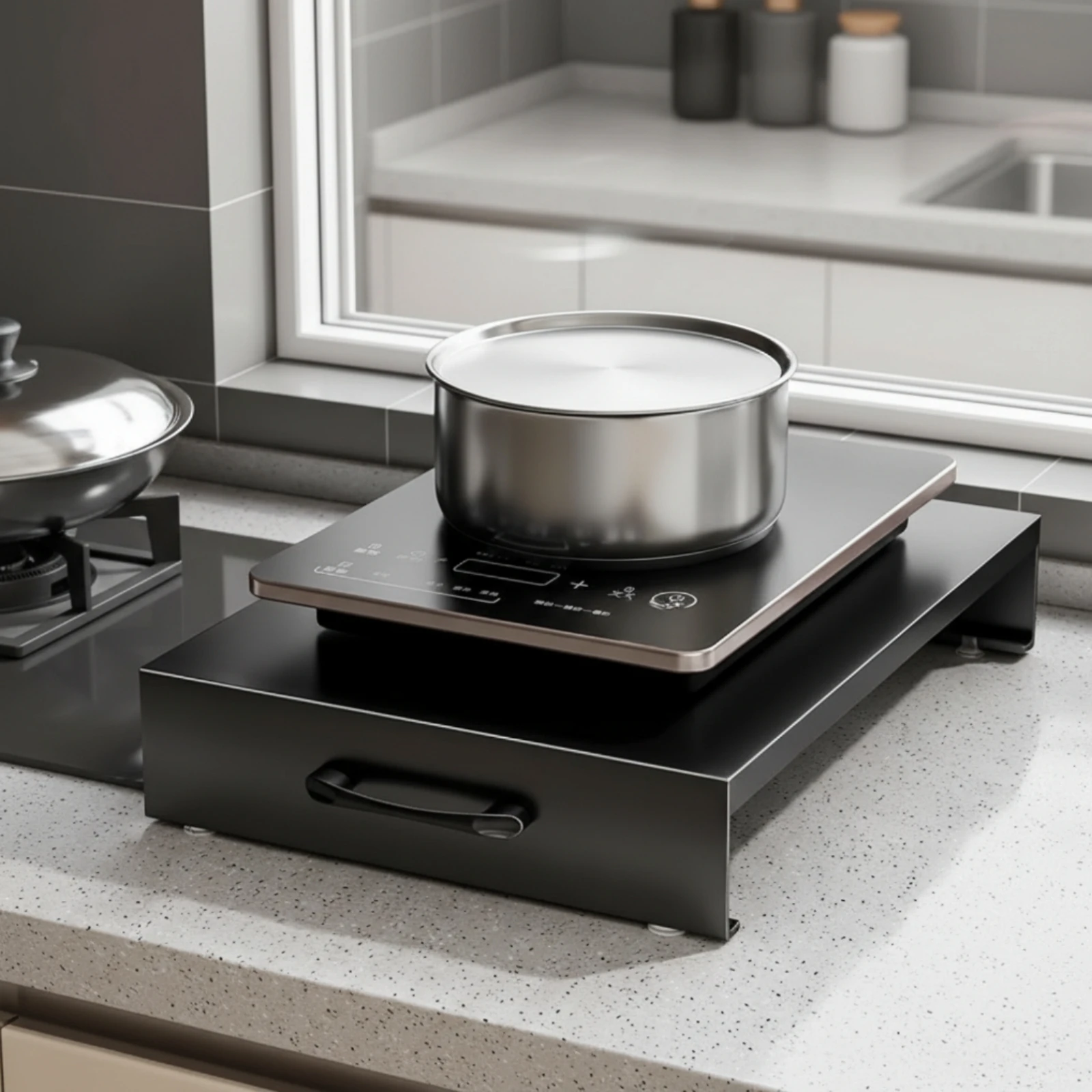Stovetop Storage Rack Wipe-Clean Carbon Steel Cooktop Cover with Carrying Handle Gas Cooktop Cover with Raised Edge Supports