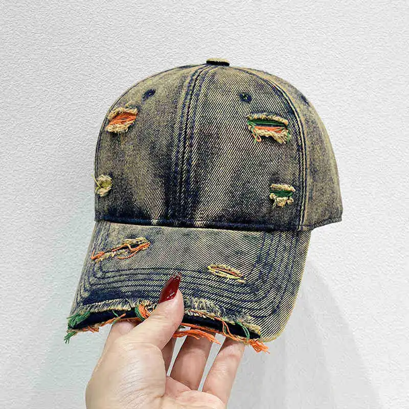 Neue Stil Frauen Kappe Tränen Stil Loch Vintage Bunte Linien Baseball Caps Weibliche Casual Outdoor Streetwear Denim Hut – Detail 11