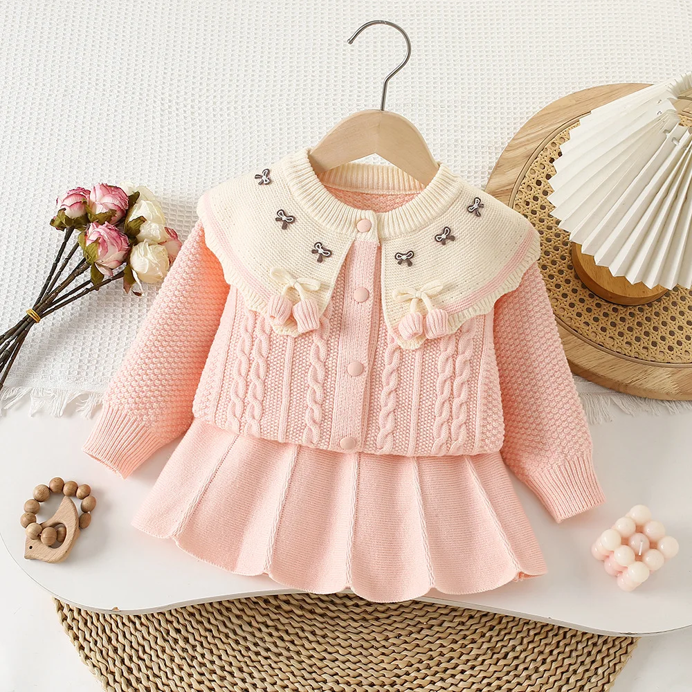 Kawaii الطفل سترة تنورة فتاة الخريف الشتاء جديد محبوك تنورة الأميرة ملابس الأطفال موضة الدفء طويلة الأكمام