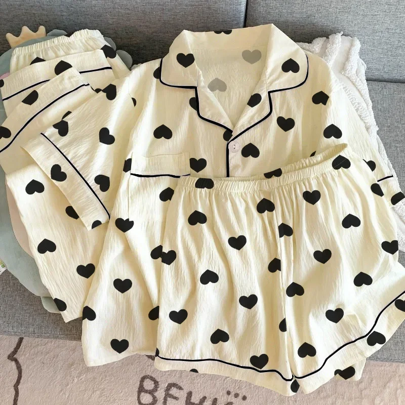 しわ加工の生地のパジャマ 春スタイル 可愛い 女の子らしい ストライプ柄 長袖 韓国風 カジュアル ホームウェアセット