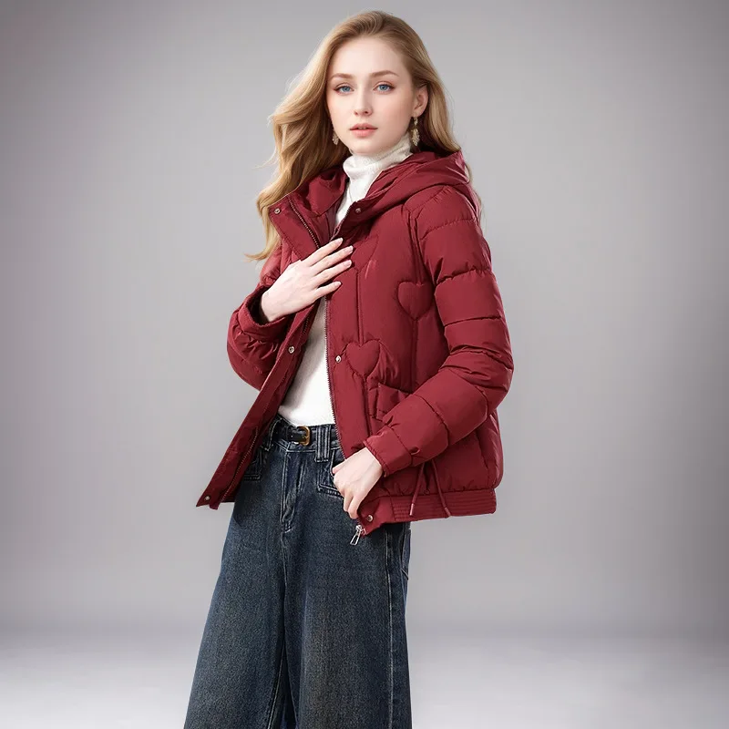 

Heart-Print Lady's Winter Parka Jacket Solid Color Ruffled Zipper Fly Female's Padded Coat Heavyweight Drawstring Top For Women