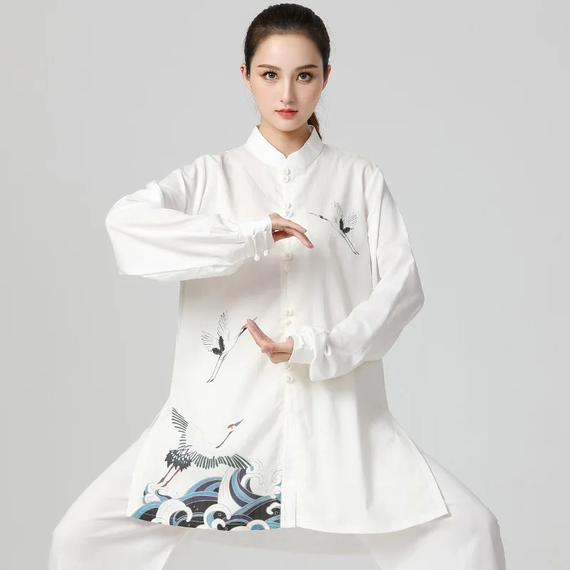 Traditional Chinese Tai Chi Kung Fu Uniform Martial Arts Adults WingChun Morning Exercise Costume Crane Print Wushu Clothes