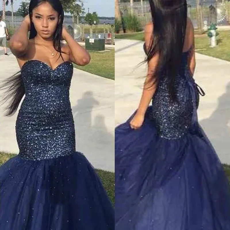 

Glitter Sequined Mermaid Prom Dresses Sweetheart Long Graduation Party Dress Floor Length Navy Birthday Evening Gowns