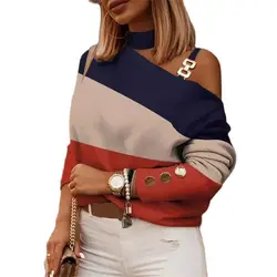 Fashion Print Turtleneck Hanging Neck T-Shirt Women Single Strap Splicing Chic Metal Button Top Female Commuter Long Sleeve Tees