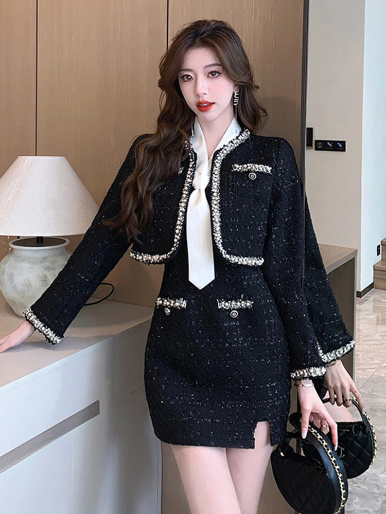 Fashion Ladies Black 2 Pieces Outfits Women Elegant Coat Jacket Outwear And Sexy Strap Slim Mini Dress Short Set Street Clothes