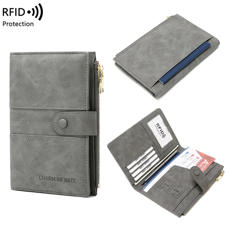 

Кошелек-портмоне из искусственной кожи с RFID-защитой для паспорта, большой вместимости, на молнии, для мужчин и женщин