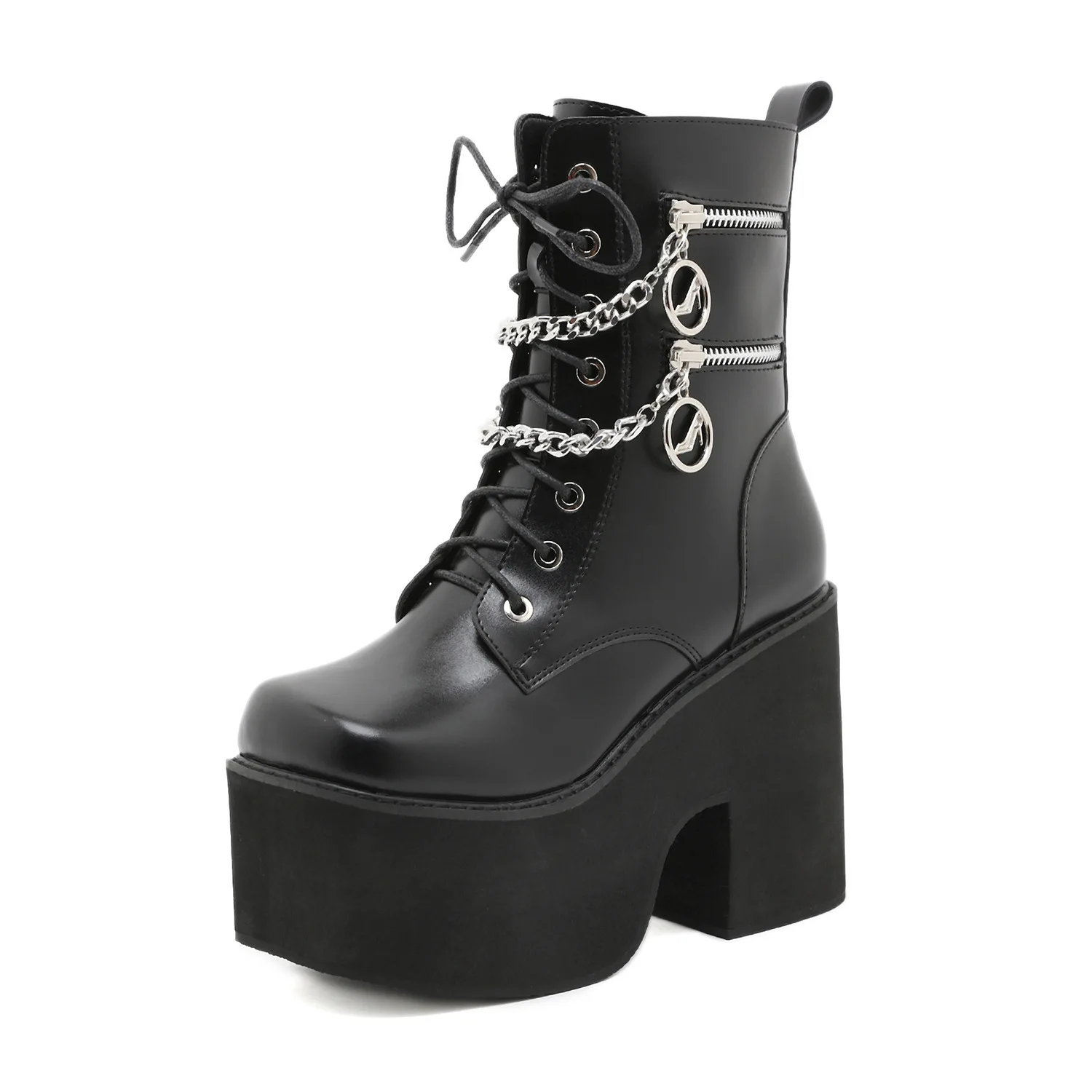 

Autumn Winter Boots Women Sexy Chain Boots Ankle Buckle Strap Ankle Boots Square Heel Thick Sole Platform Rock Punk Style