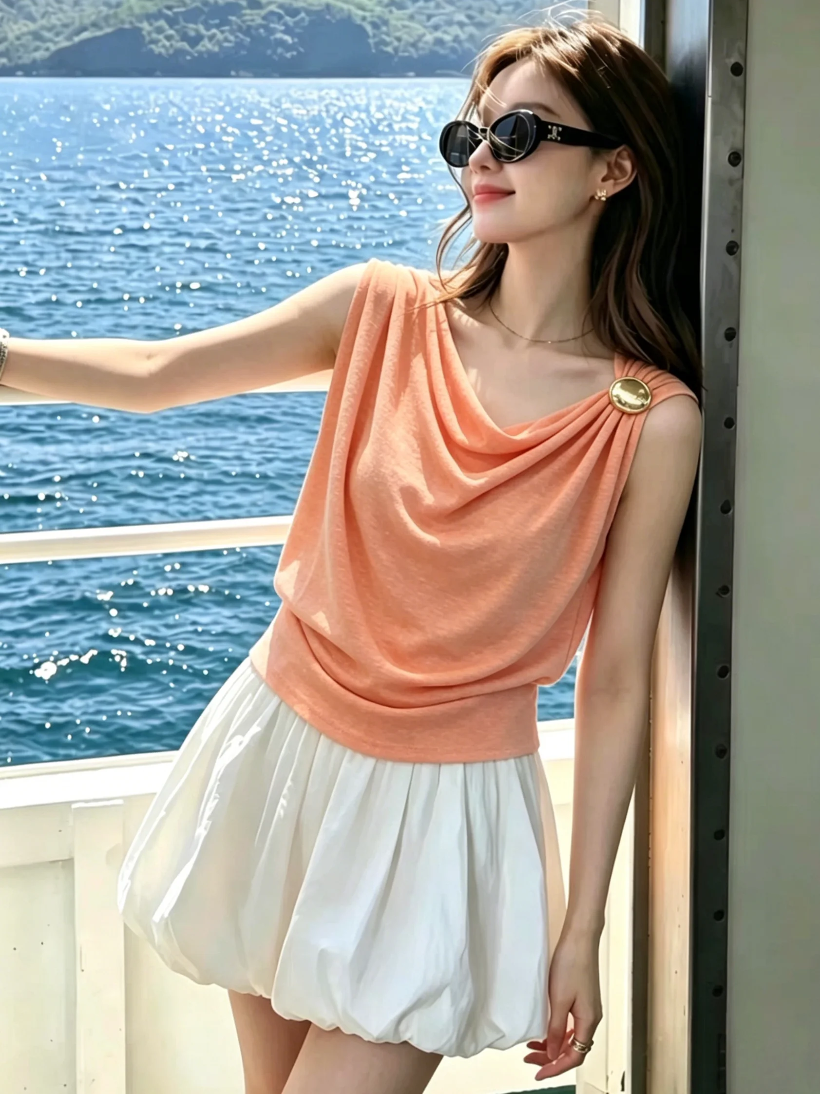 

Unique Orange Knot Neck Sleeveless T-Shirt Women's Summer New Style Waist Cinched Swing Collar Shirt Korean Style Slim Fit