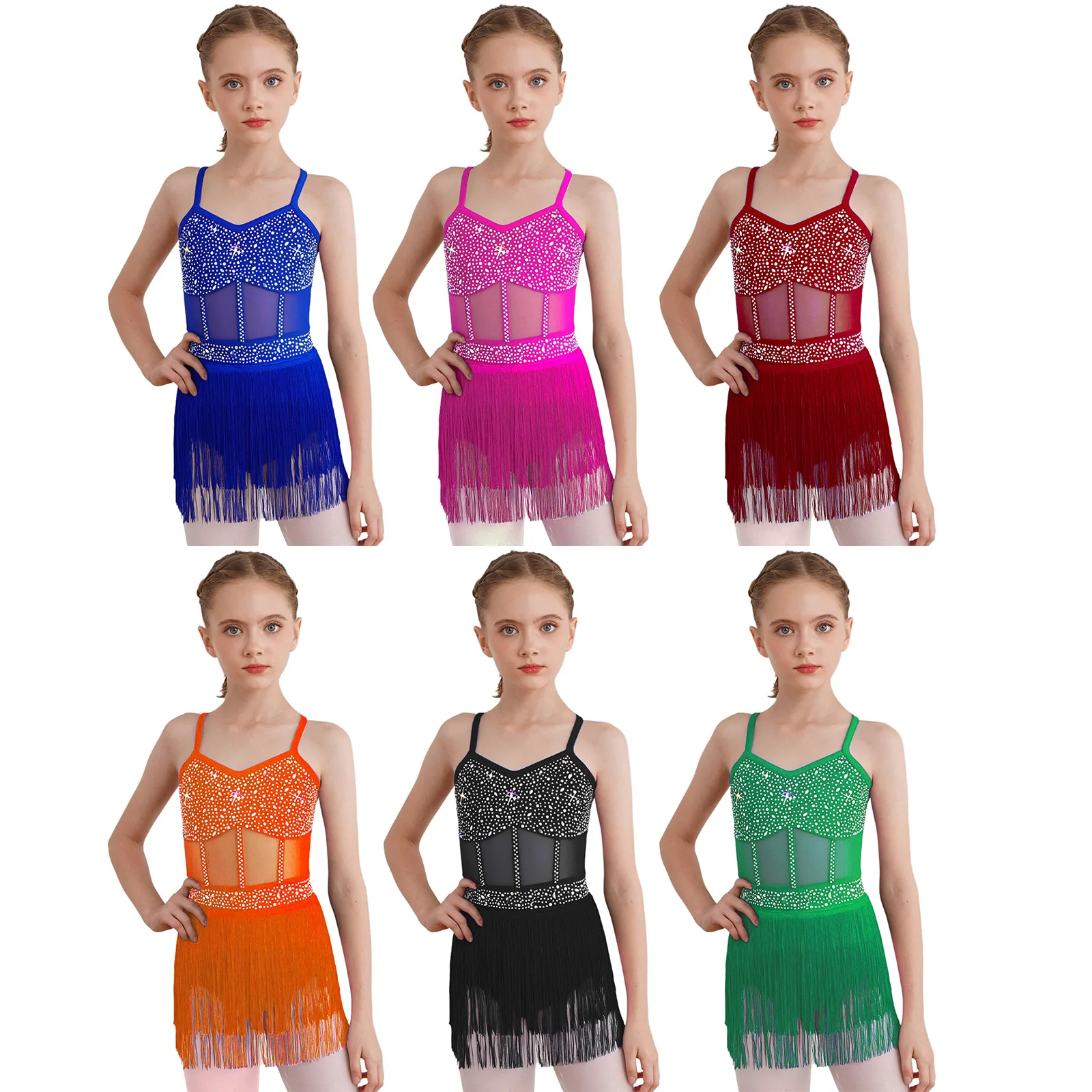 Crianças meninas latina jazz dança collant vestido brilhante strass pura malha borla bodysuit para tango cha-cha samba rumba salão de baile
