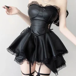 Sexy Leather Sheath  Dress Strapless A-line Solid Lace Up Ruffles Dress Fashion Women PU Spliced Lace Sensual Dress