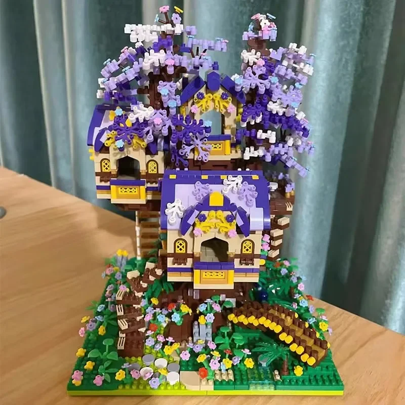 Lila Blume Baum Haus Gebäude Mikropartikel Baustein Klassisches Modell Mädchen Junge Schwierige Montage Miniatur Blöcke Spielzeug K