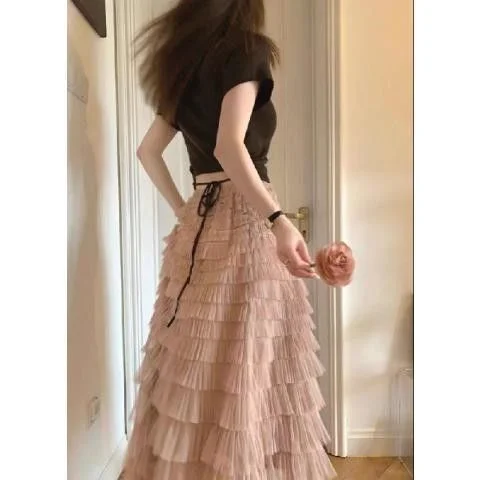 Spring Summer Fairy Tale Short Sleeve Top And Midi Skirt Set with Belly Covering Mesh Half Skirt Two Piece Set Casual Style