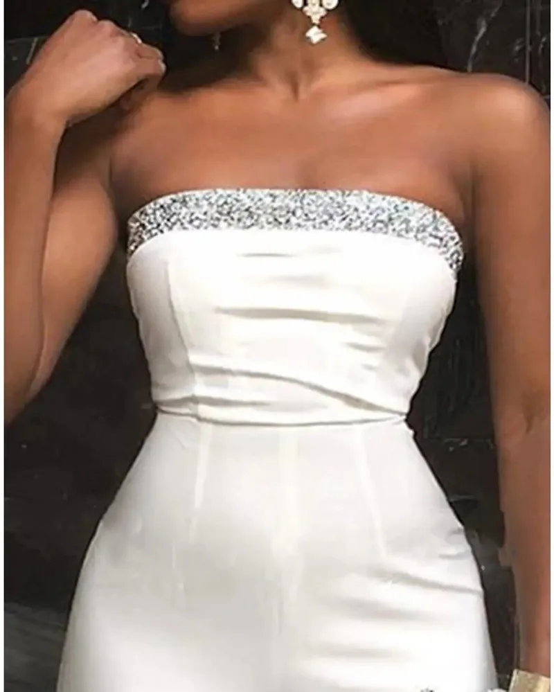 Jumpsuits White Prom Party Dresses Strapless Sleeveless Sequin Evening Formal Gown Vestidos Festa Robes De Soirée