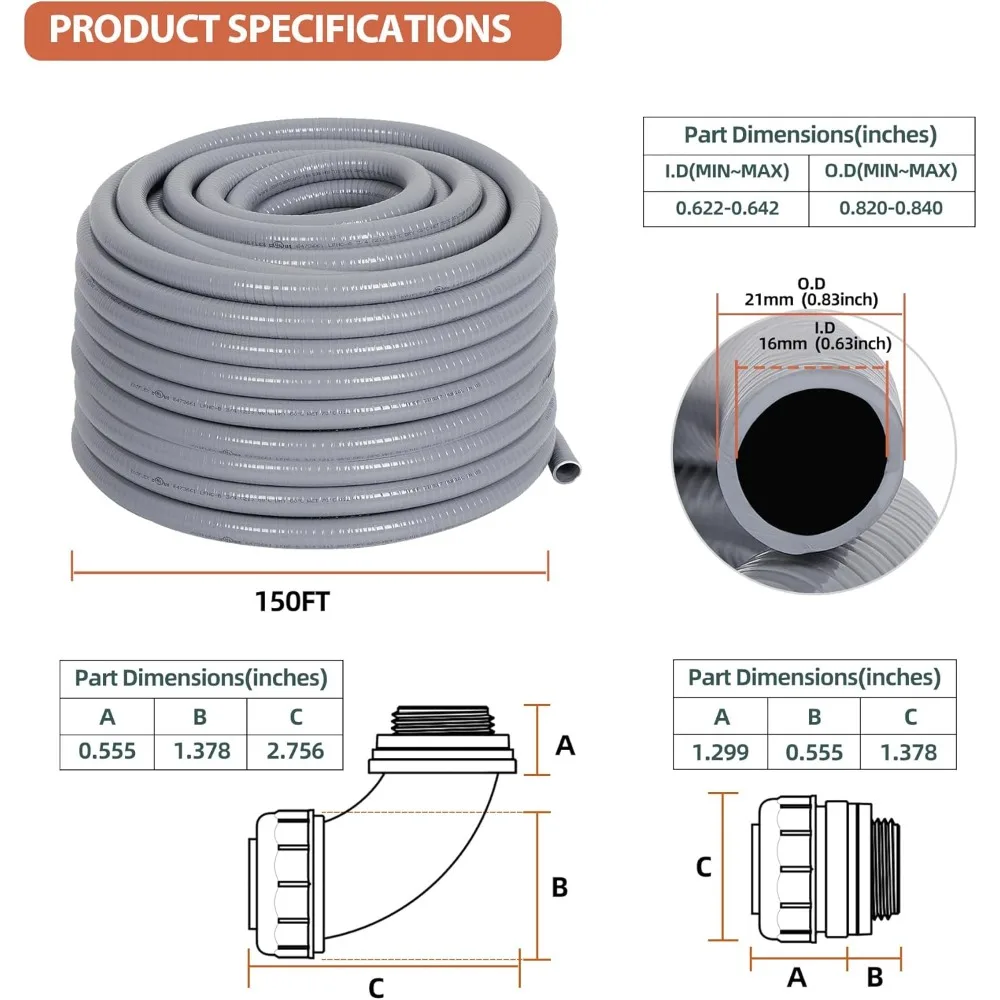 Liquid-Tight Conduit and Connector Kit 1/2inch 150ft, Electrical Conduit Kit with 5 Straight, 5 Angle Fittings