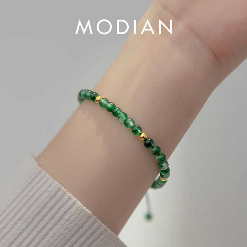 

MODIAN 925 Sterling Silver Vintage Round Green Crystal Strand Bracelet Elegant Gold Color Beads Bracelet For Women Fine Jewelry