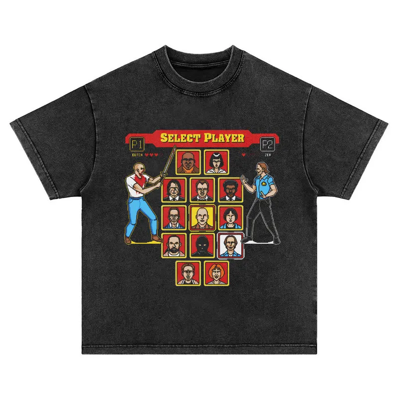 

2026 Pixel Style Pulp Fiction Game Washed Aged Heavyweight Pure Cotton Round-neck Short-sleeved T-shirt Comfortable Breathable