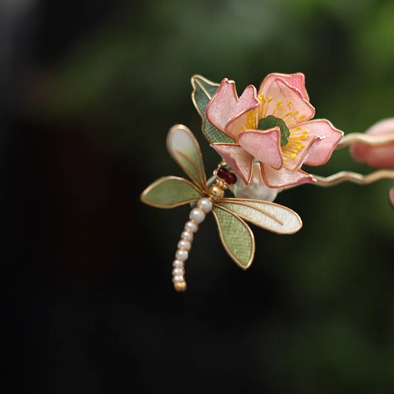 Chinese Style Auspicious Lucky Lotus Dragonfly U Shaped Hairpin Handmade Traditional Craft Hanfu Hair Stick Vintage Classical