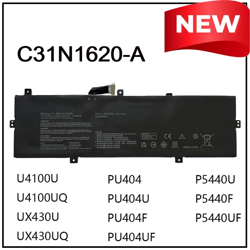 Batería de Repuesto de Iones de Litio C31N1620 para Portátil ASUS Zenbook UX430 UX430U UX430UAR UX430 UX430UNR UX430UQ U4100 U4100UQ UX3400
