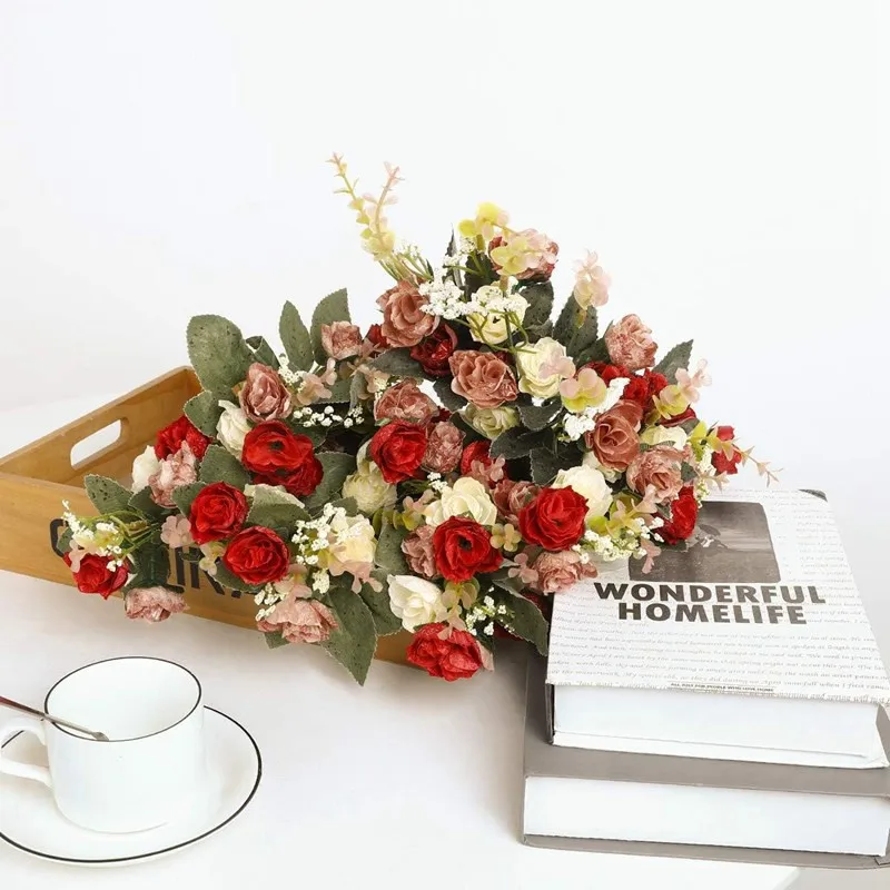 7 Zweige, 21 Blüten, künstliche Blumen, Seidenrosen, hochwertiger Festkranz, Hochzeitssträuße, Heimdekoration, Vase, Fensterdekoration, Geschenke – Detail 7