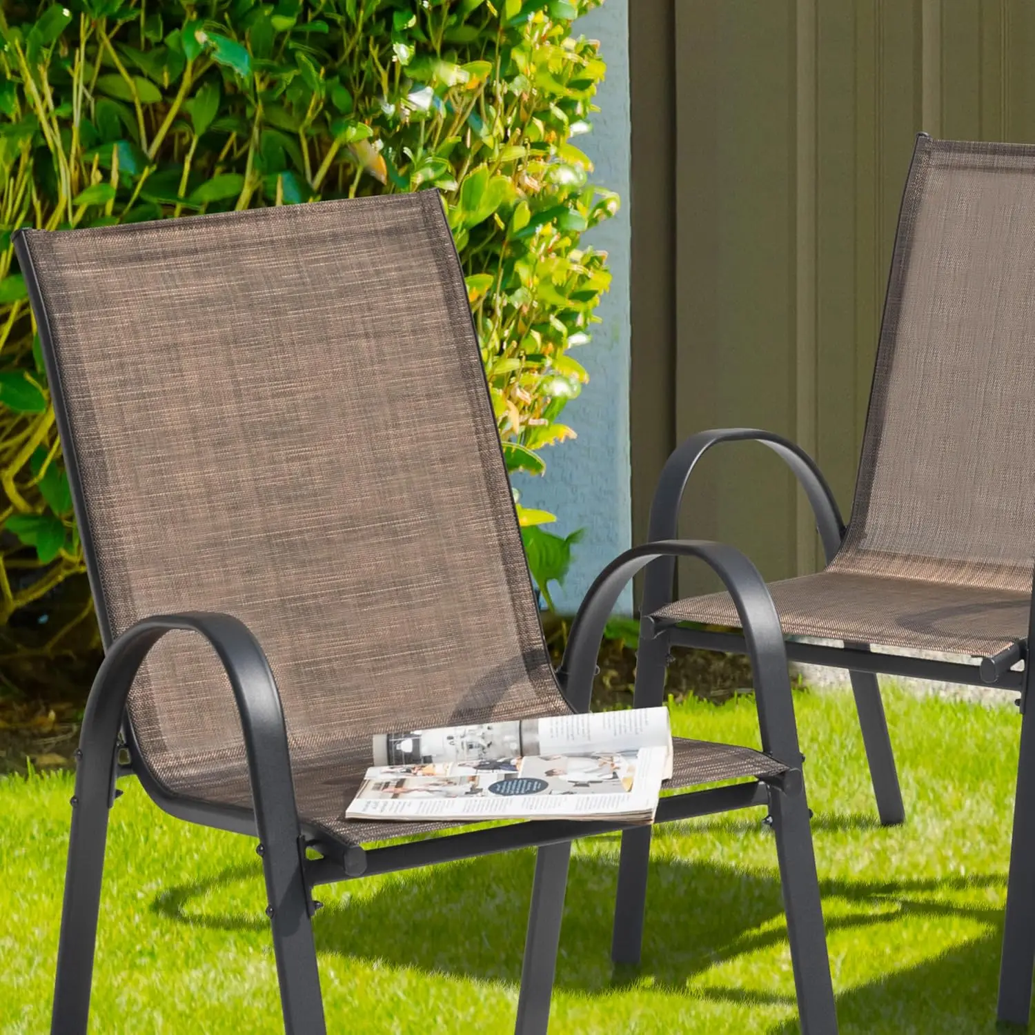 Set of 4 Patio Dining Chairs Outdoor Stackable Chairs with High Back All Weather Textilene Seats Metal Frame Breathable Garden