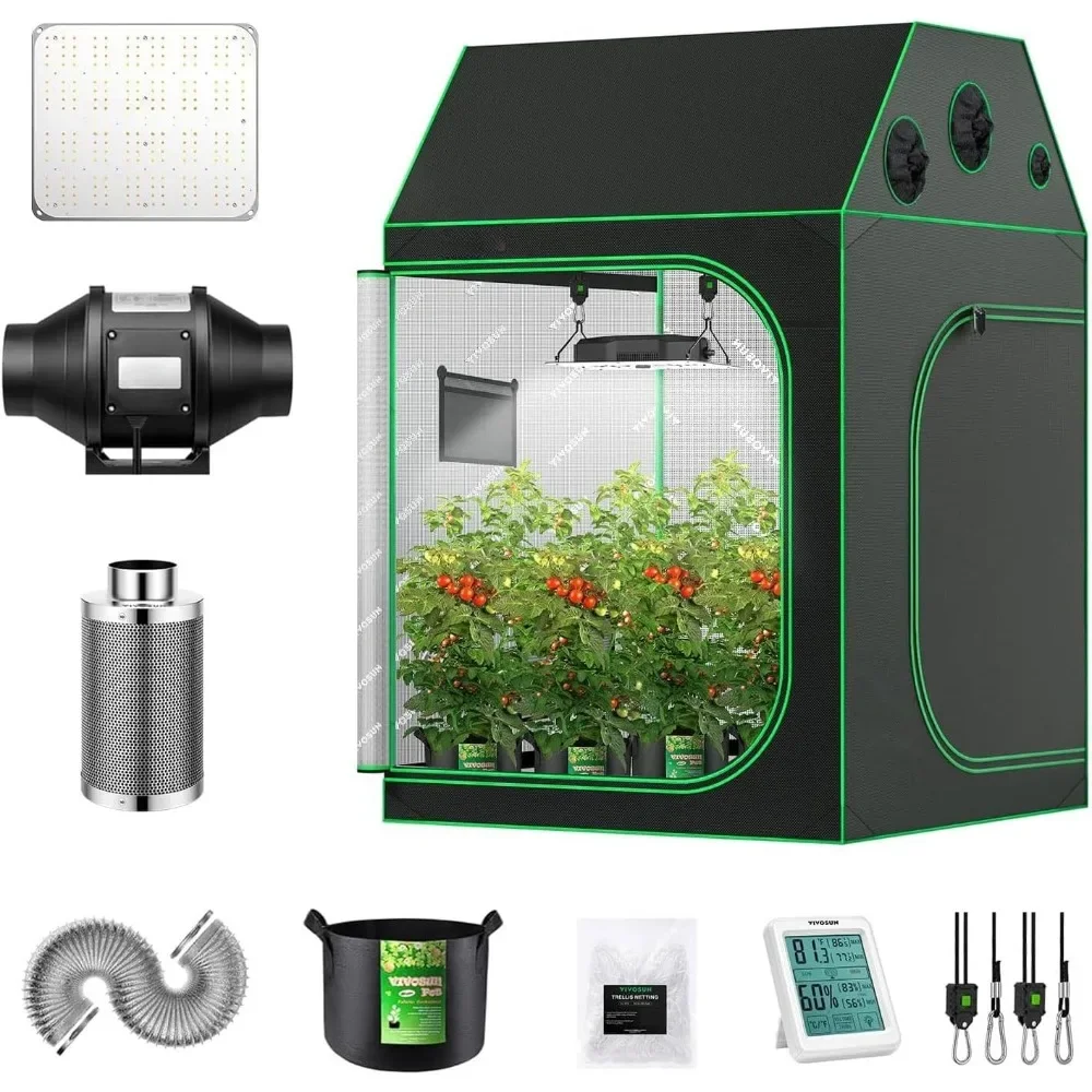 5x5 Grow Tent, VS1000E LED Grows Light, 5-Pack 5 Gallon Grow Bags, 4 Inch 190 CFM Inline Fan, trellis netting, Cube Grow Tent