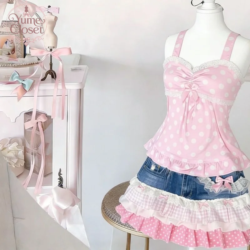 Pink Cute Lace Polka Dot Cake Short Skirts New Y2k Kawaii Vintage 2000s Patchwork Denim Skirt Spicy Girls Designer Fashion Y2k