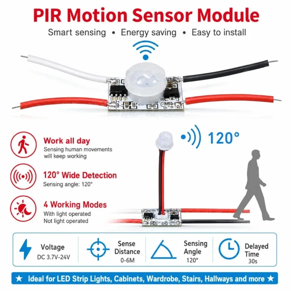 PIR Motion Sensor Switch DC5V/12V/24V 6M Sensing Light-Operated Timer Control for LED Strip Desk Lamp Night Light Home Lighting