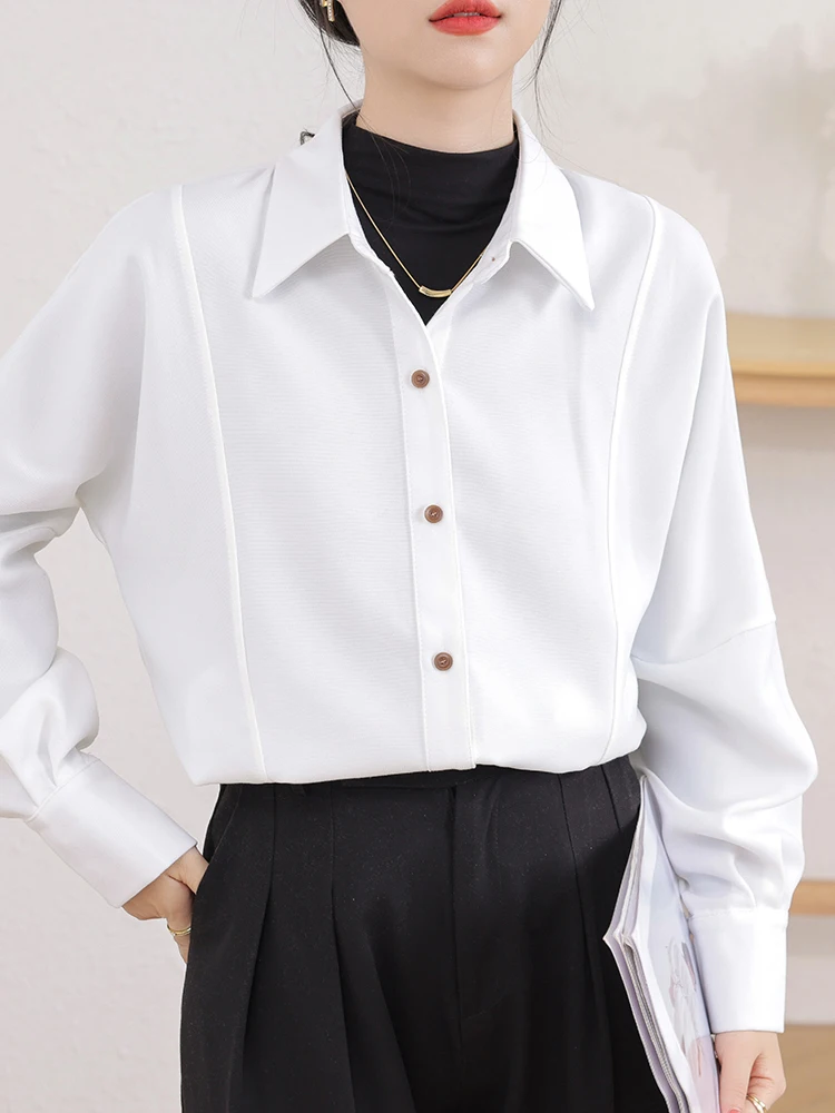 

QOERLIN Quality Brushed White Shirts Women Thick Cordory Blouse Office Ladies Long Sleeve Single-Breasted Button Up Tops Shirts