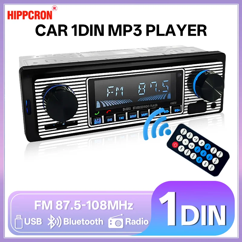 HIPPCRON 1 Din Car Radio Stereo MP3 Multimedia Player Digital Bluetooth FM Audio Music USB SD Card With In Dash AUX Input 12V